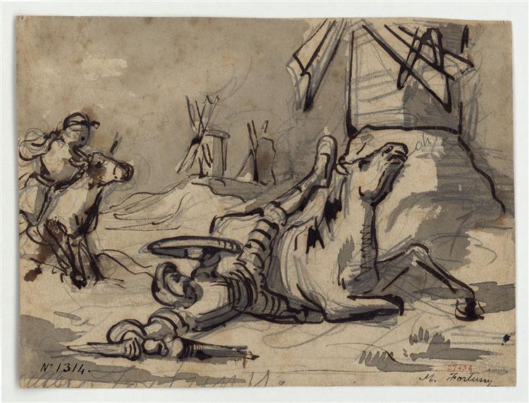 Don Quixote's eventyr med vindmøllerne (modsat) og undersøgelser af figurer (omvendt) - 1856