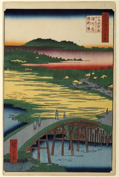 116. Sugatami-Brücke - Omokage-Brücke und Jariba in Takata - 1857