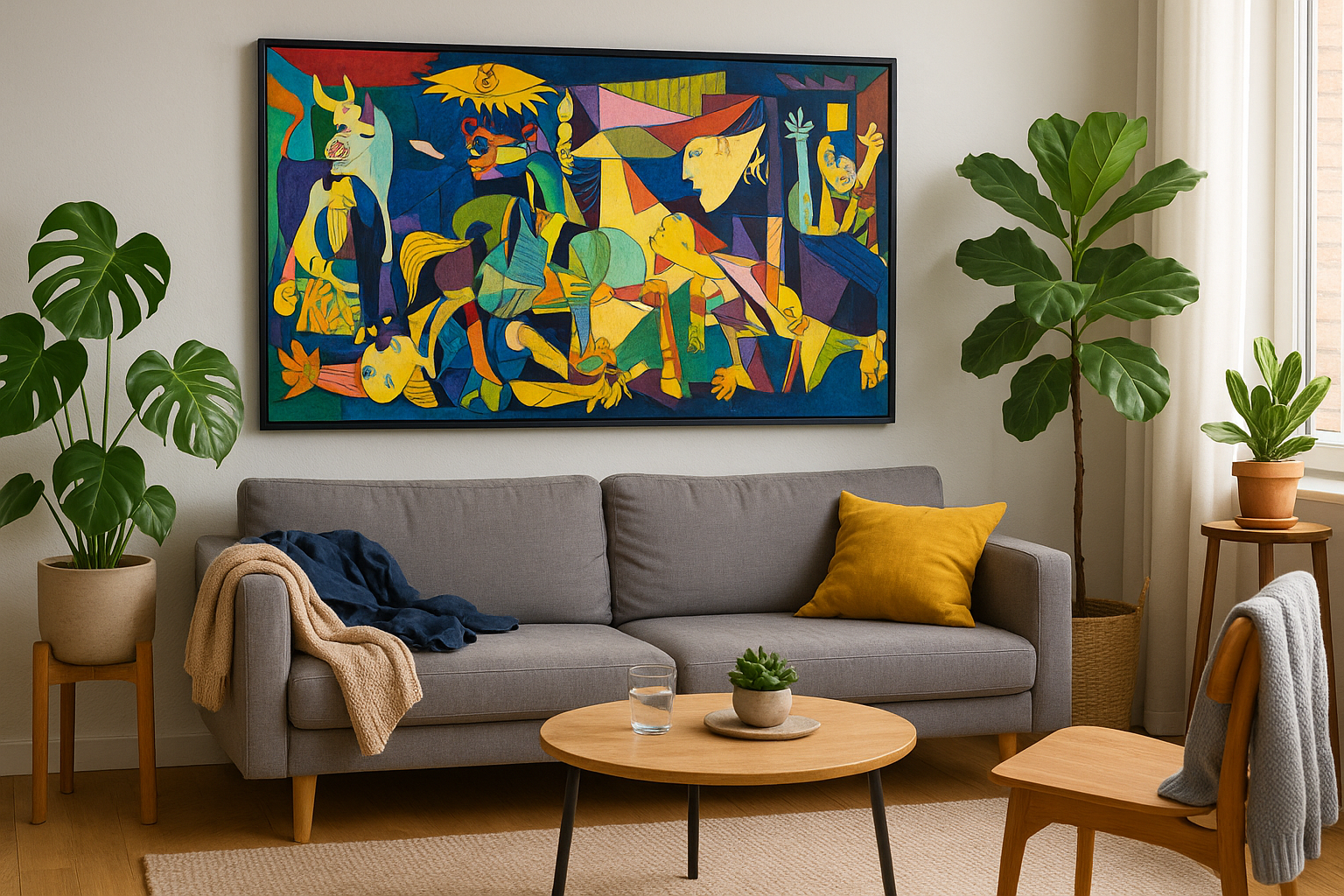 A colorful version of Picasso's Guernica painting hanging in a modern living room with plants and casual clothes