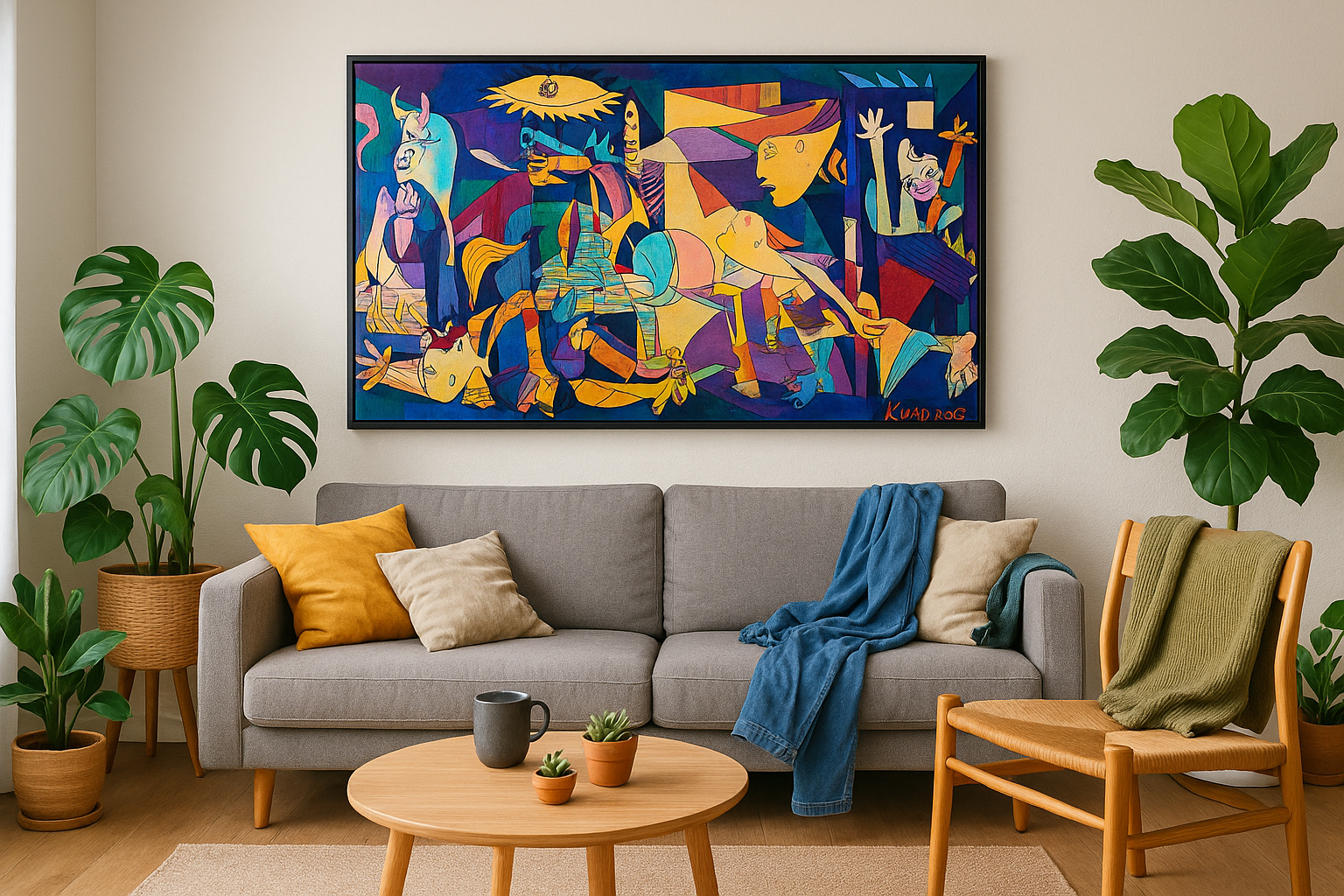 A colorful version of Picasso's Guernica painting with a KUADROS signature in the bottom right corner, displayed in a modern living room with plants and casual clothes
