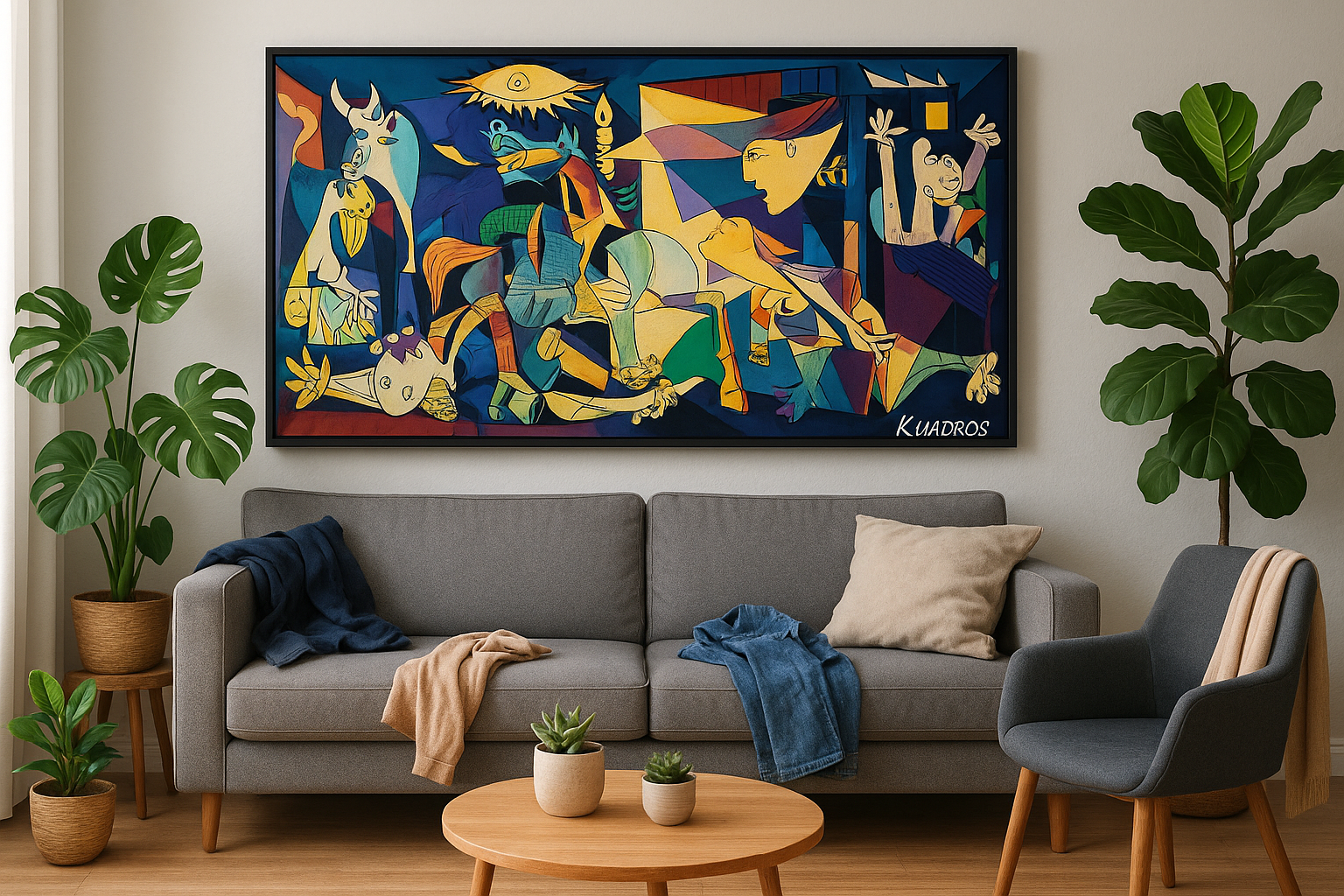 A colorful version of Picasso's Guernica painting with the correct KUADROS signature in the bottom right corner, displayed in a modern living room with plants and casual clothes