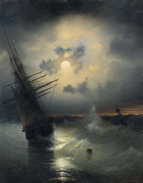 Un Velero En Alta Mar A La Luz De La Luna.