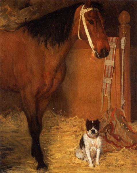 I stalde - hest og hund - 1861