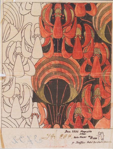 Interiérové textilie Backhausenu pro hotel Bristol v Bolzanu - 1898