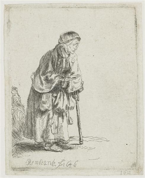 Mendiga -nainen, jota tukee sauva - 1646
