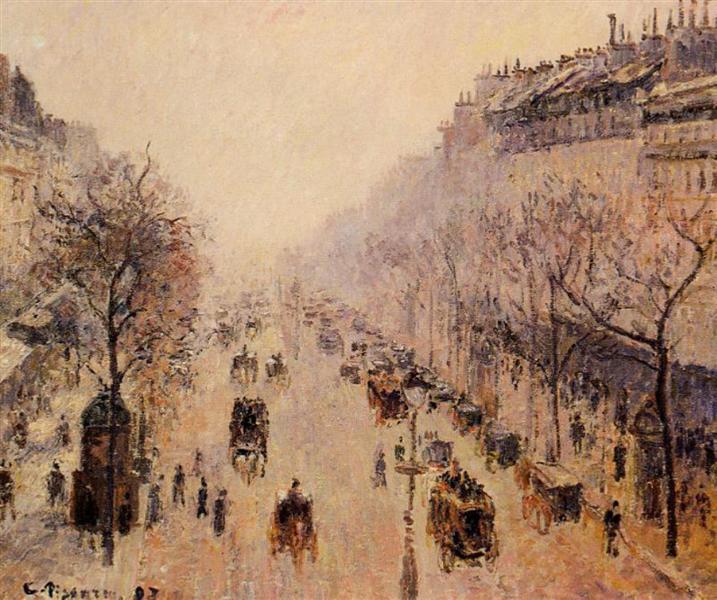 Boulevard Montmartre huomenna - aurinkovalo ja sumu - 1897