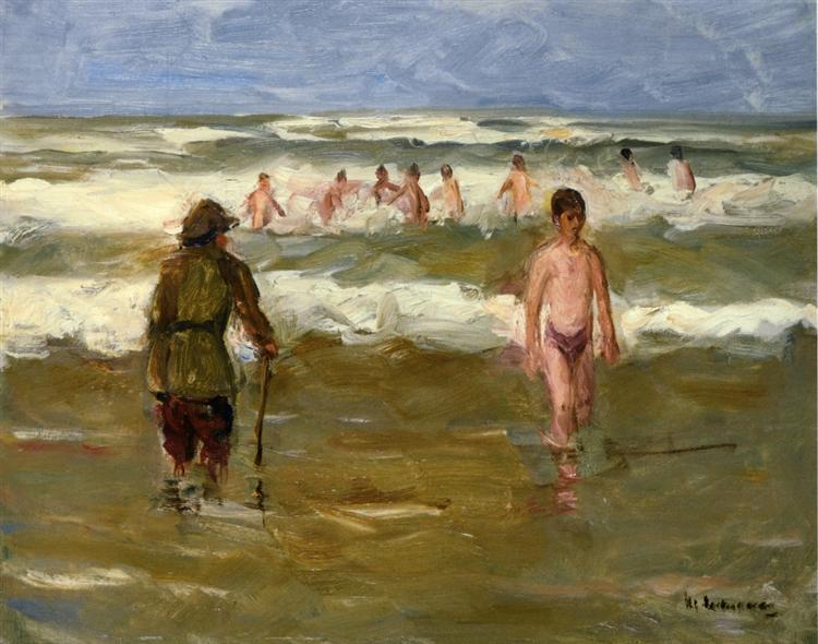 Børn, der bader med strandvagten - 1907