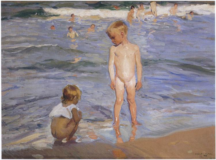 Les enfants se baignent sous le soleil de l'après-midi - 1910