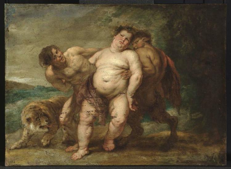 Baco ubriaco con faun e satiro