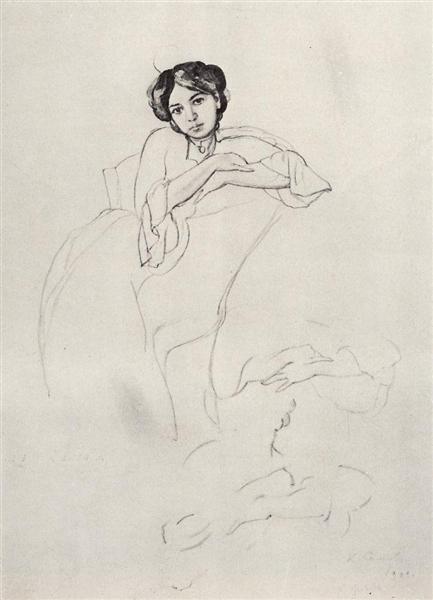 Portrait féminin et croquis à la main - 1902
