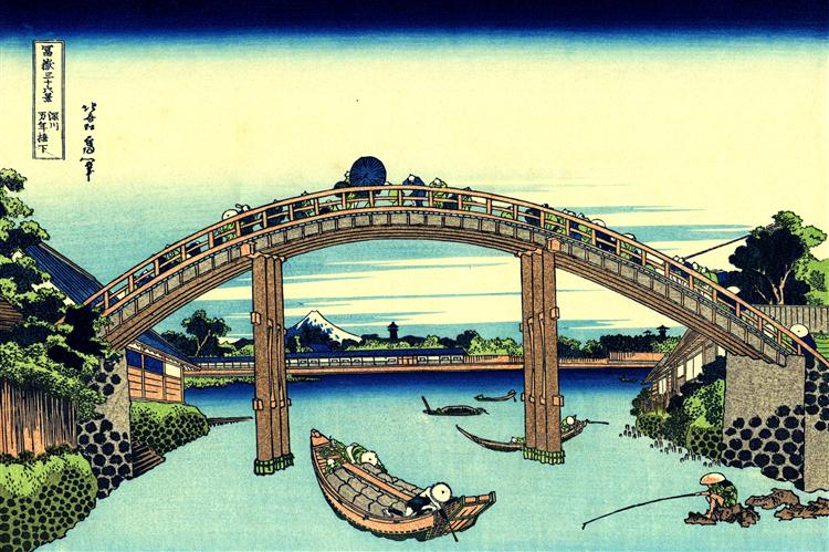 Fukagawan Mannenin sillan läpi nähty Fuji