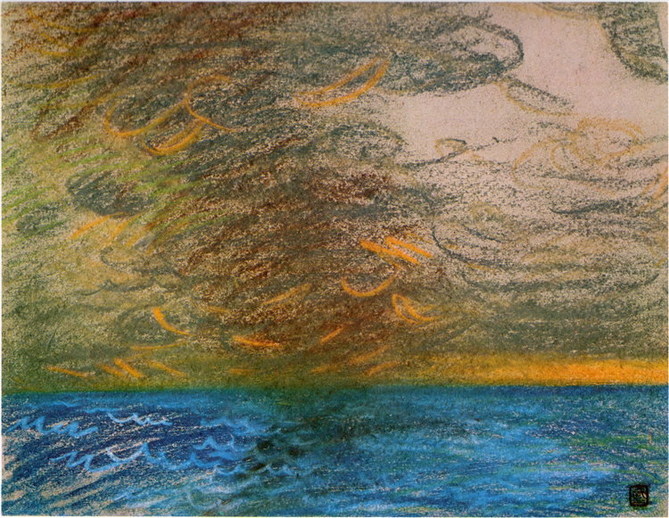 Fuma de um barco e pôr do sol.