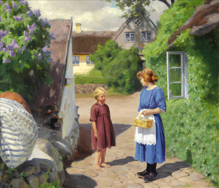 Summer day in jyllinge. Flower and girls lilas on town street - 1922