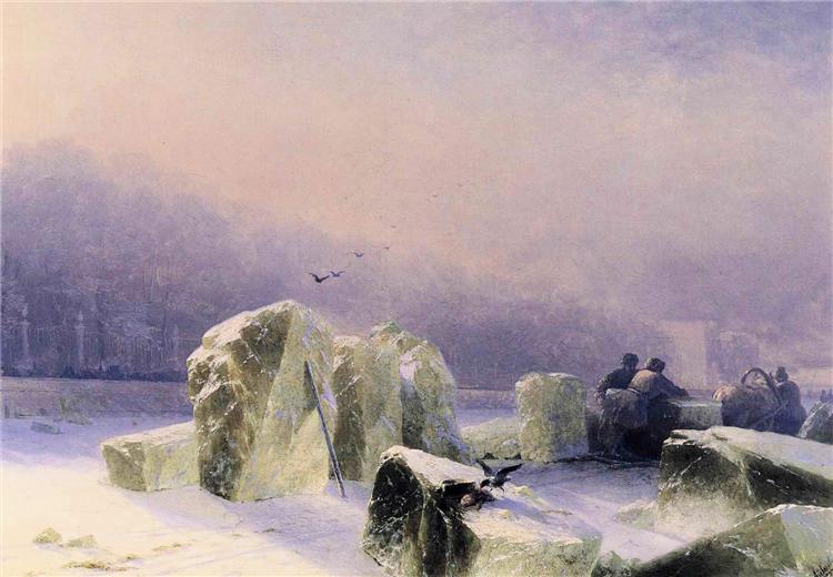 Rompehielos im eisigen Neva in St. Petersburg - 1877