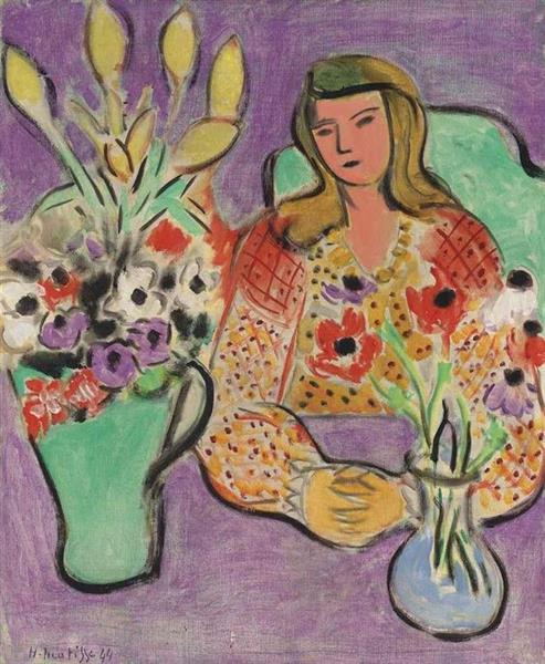 Young man with anemones on violet background 1944
