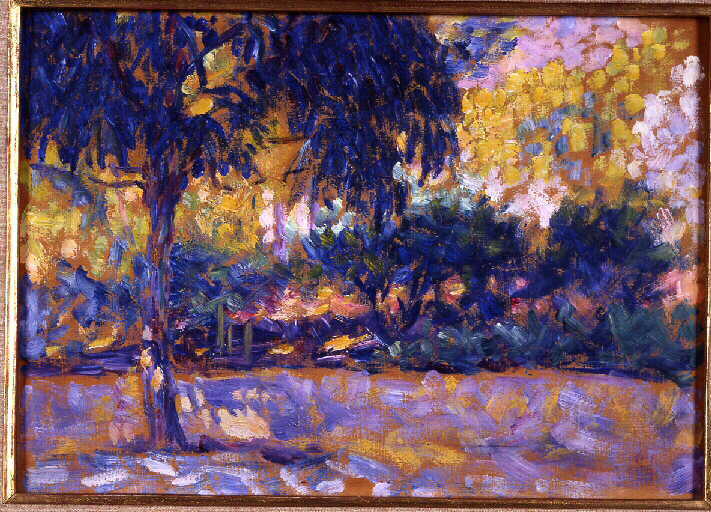 Paysage avec des eucalyptus et une rivière. Arbres devant une rivière 1908