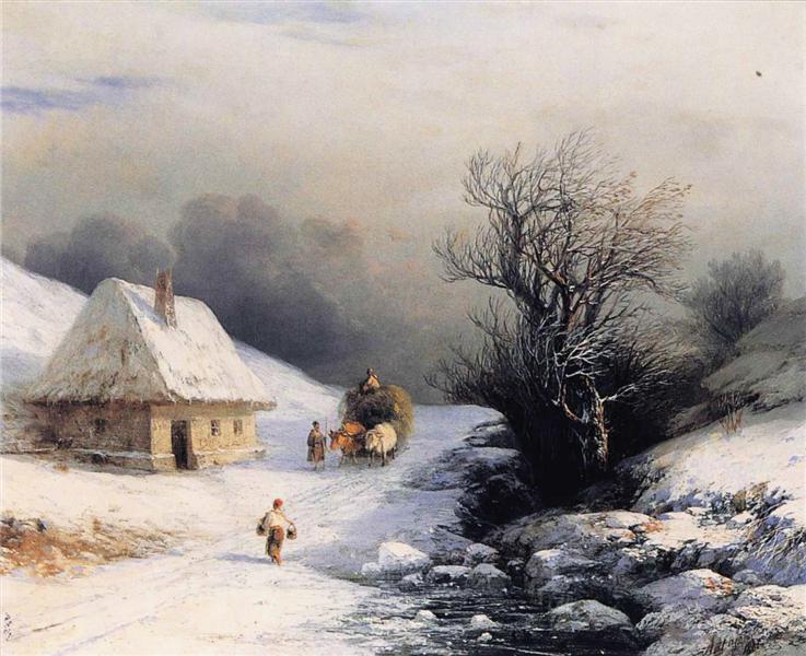 Petite voiture de bœuf russe en hiver - 1866