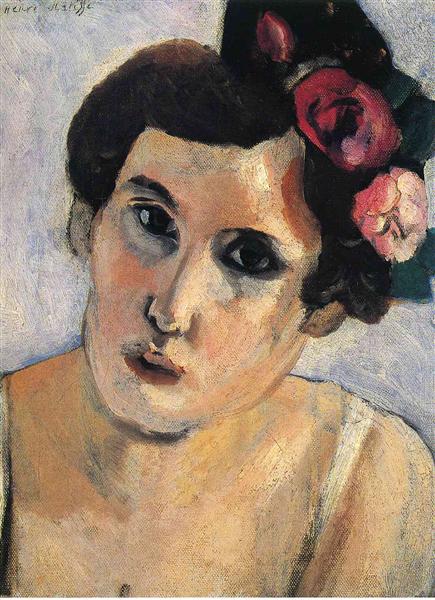 Tête de femme avec des fleurs dans les cheveux 1919