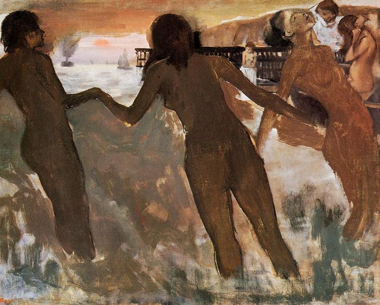 Mulheres camponesas tomando banho no mar ao entardecer - 1875