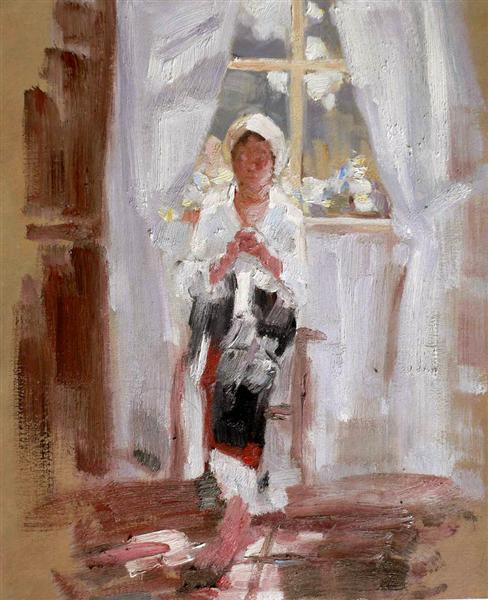 窓の隣で農民の縫製