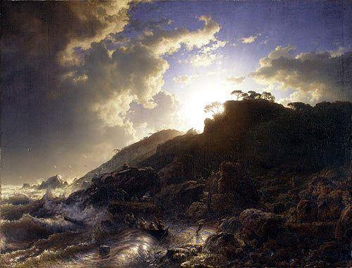 pintura Atardecer Después De Una Tormenta En La Costa De Sicilia - Achenbach Andreas