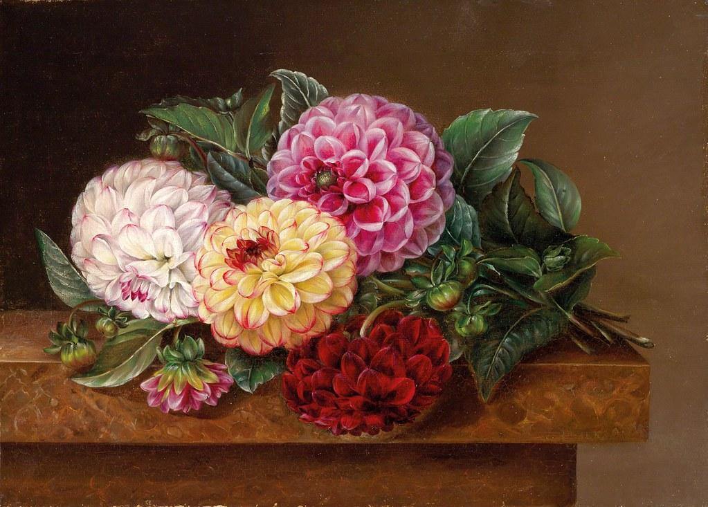 pintura Bodegón Con Dalias - Johan Laurentz Jensen