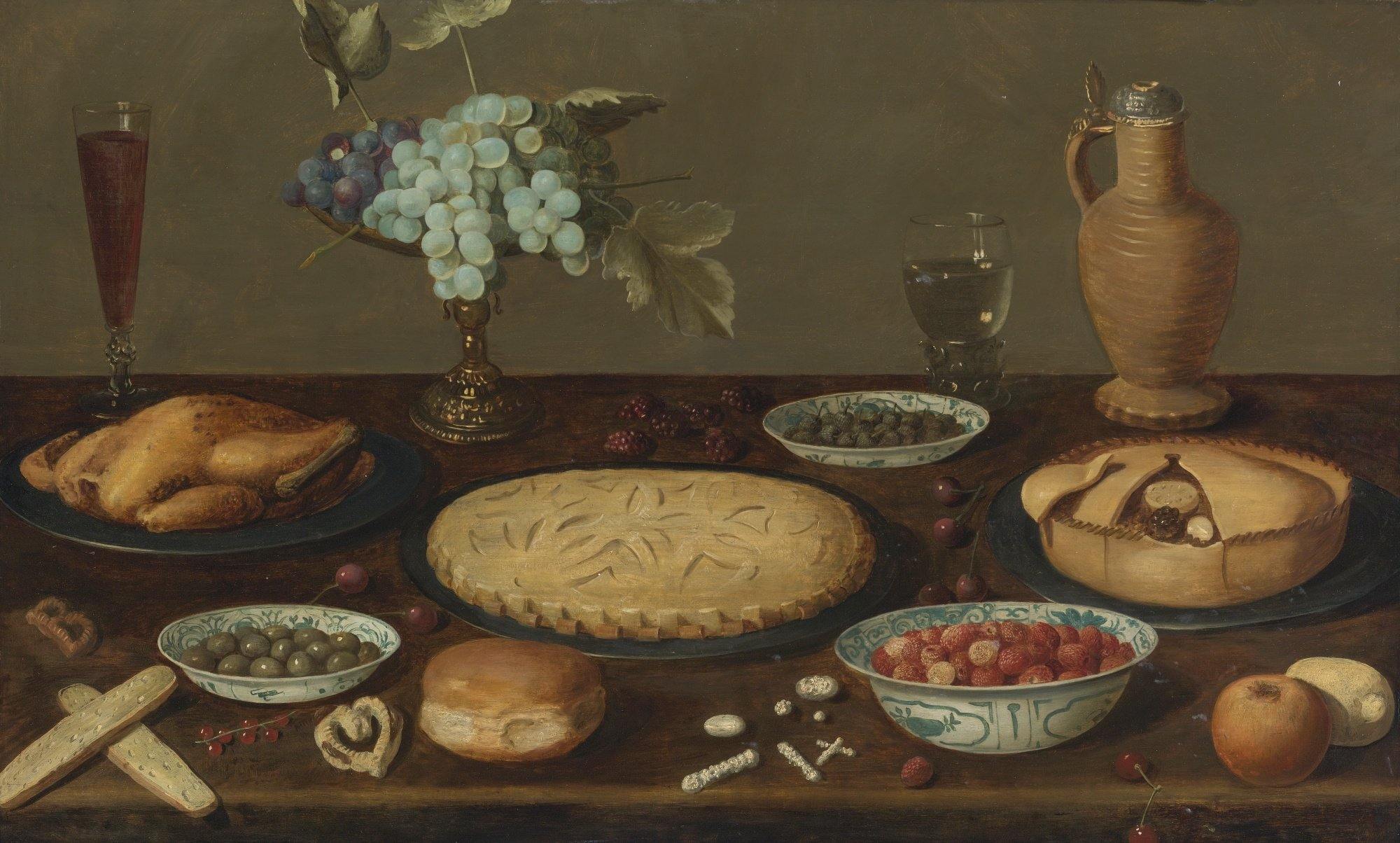 pintura Bodegón Con Empanadas De Carne, Aves Asadas, Aceitunas, Alcaparras Y Fresas - Jacob Van Es