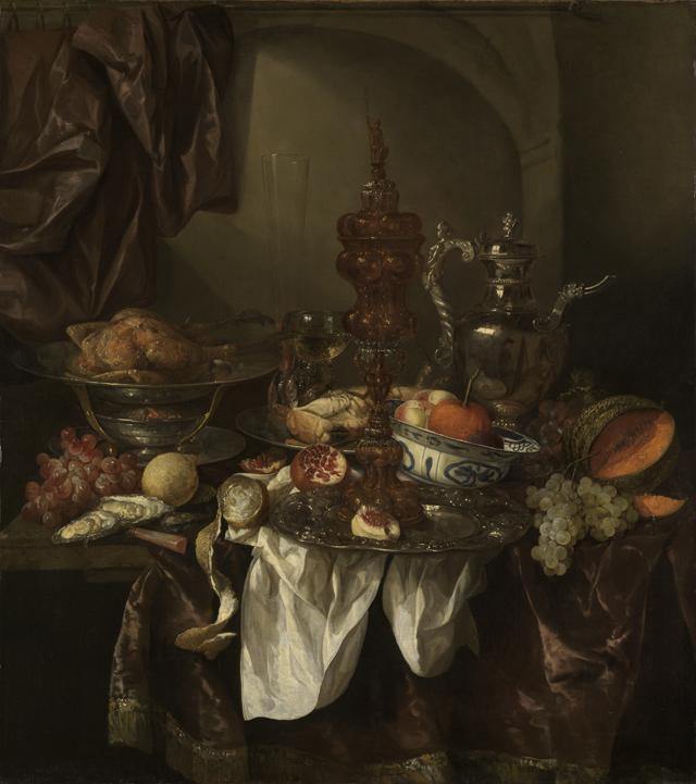 pintura Bodegón Con Fruta, Asado, Plata Y Cristalería, Porcelana Y Copa De Aguileña Sobre Un Mantel Oscuro Con Servilleta Blanca - Abraham Van Beijeren