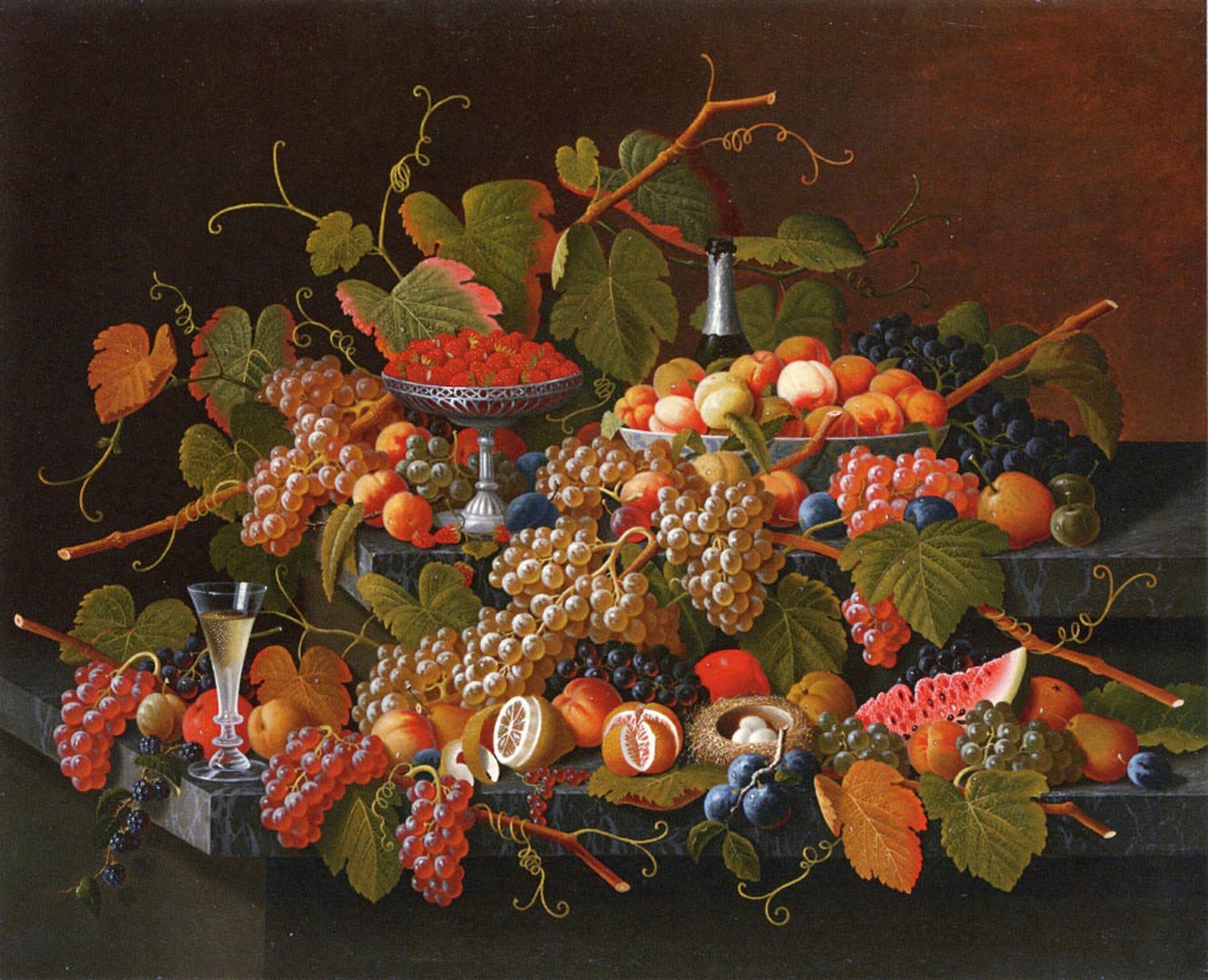 pintura Bodegón Con Frutas Y Champán - Severin Roesen