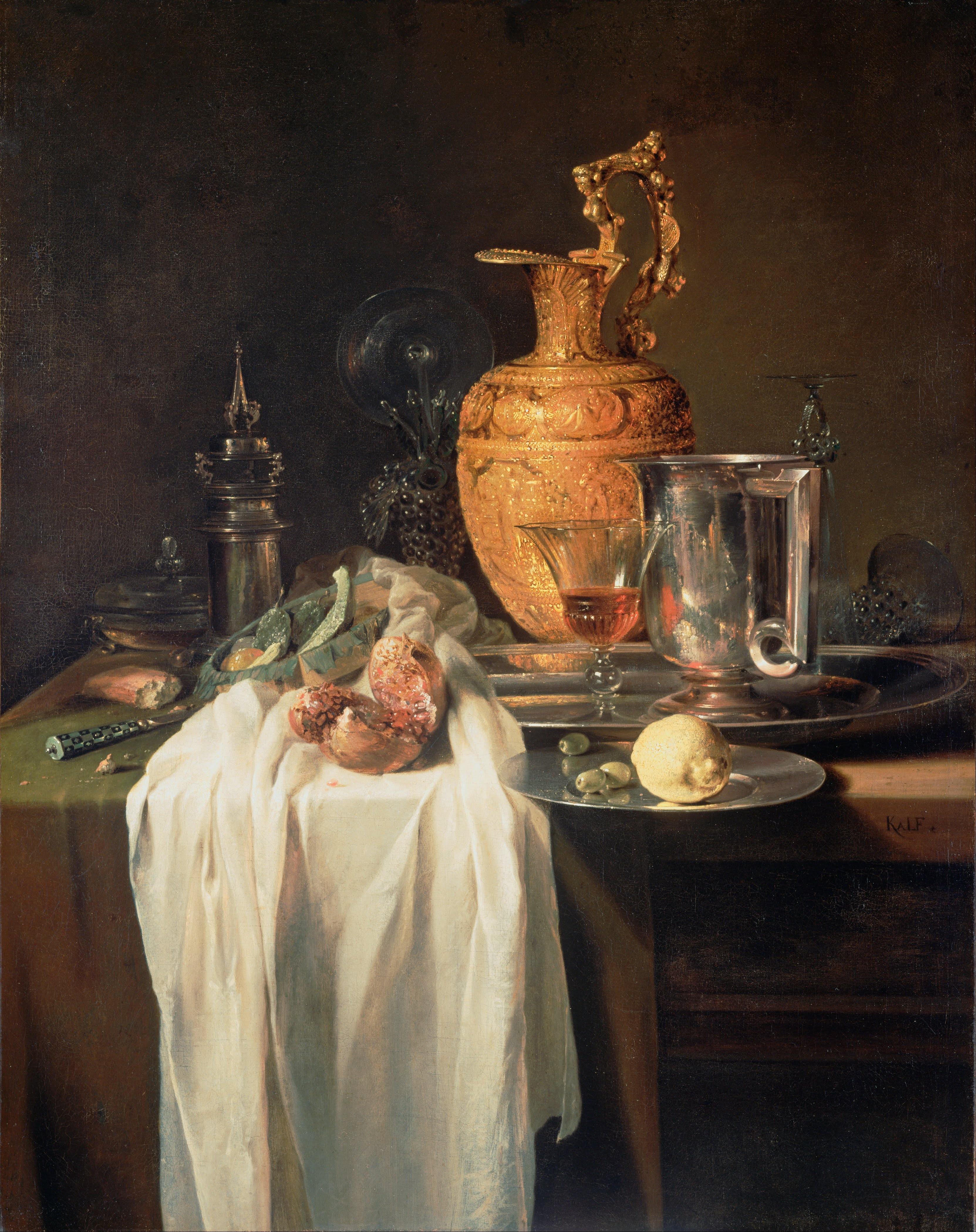 pintura Bodegón Con Jarro, Vasos Y Granada - Willem Kalf