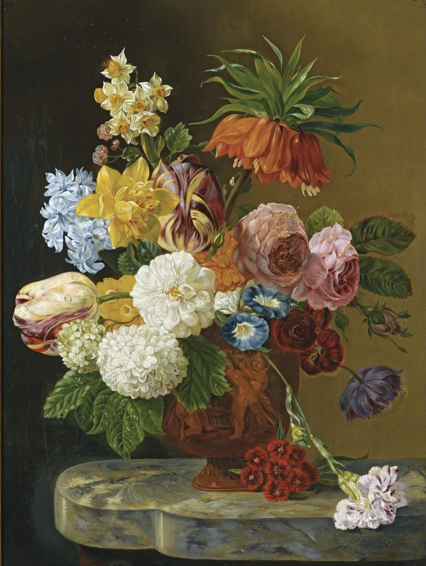 pintura Bodegón Con Rosas, Peonías, Tulipanes, Narcisos, Claveles Y Otras Flores En Un Jarrón - Georgius Jacobus Johannes Van Os