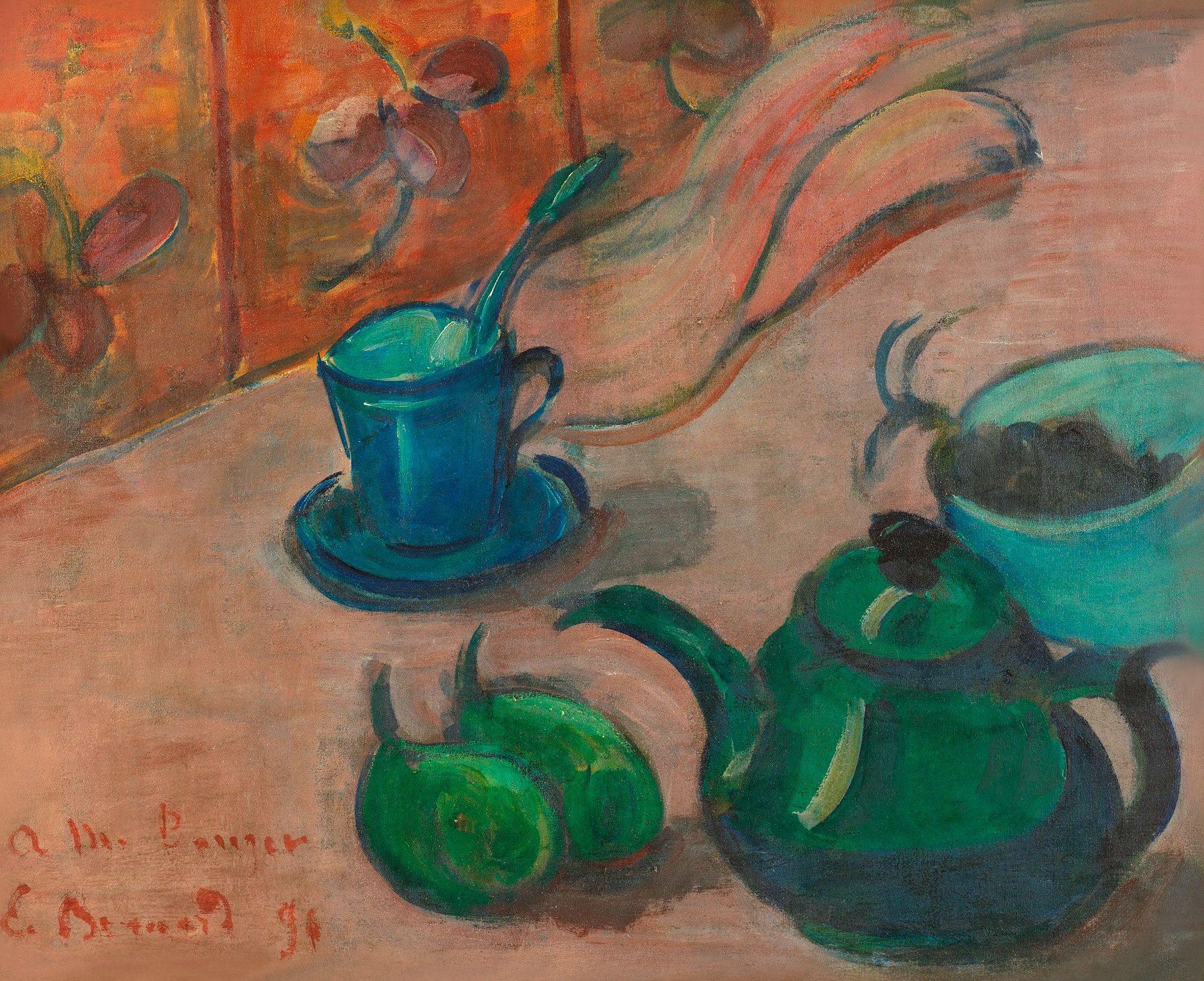 pintura Bodegón Con Tetera, Taza Y Fruta - Emile Bernard