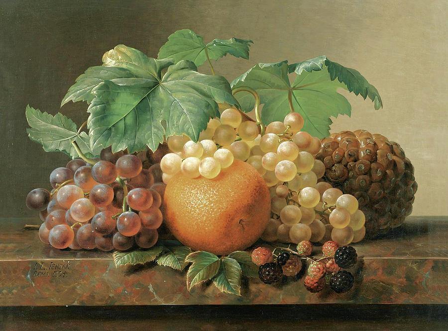pintura Bodegón Con Uvas, Moras, Naranja Y Piña - Johan Laurentz Jensen