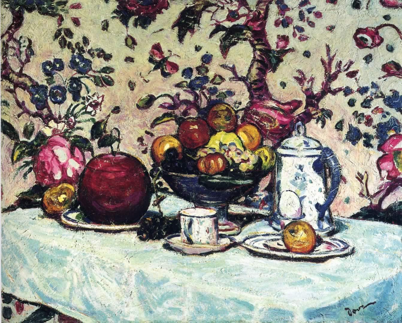 pintura Bodegón Contra Papel De Pared Con Flores - Arthur Dove