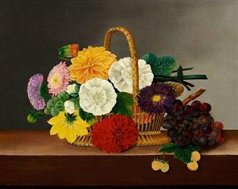 pintura Bodegón De Flores Con Dalias, Asteres Y Malvarrosas En Una Cesta Sobre Una Mesa - Johan Laurentz Jensen