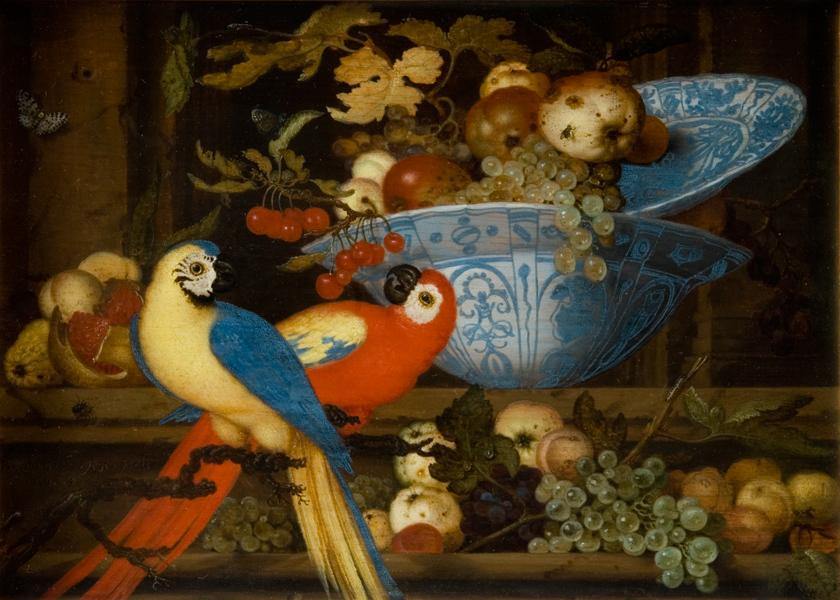 pintura Bodegón De Frutas Con Dos Loros - Balthasar Van Der Ast