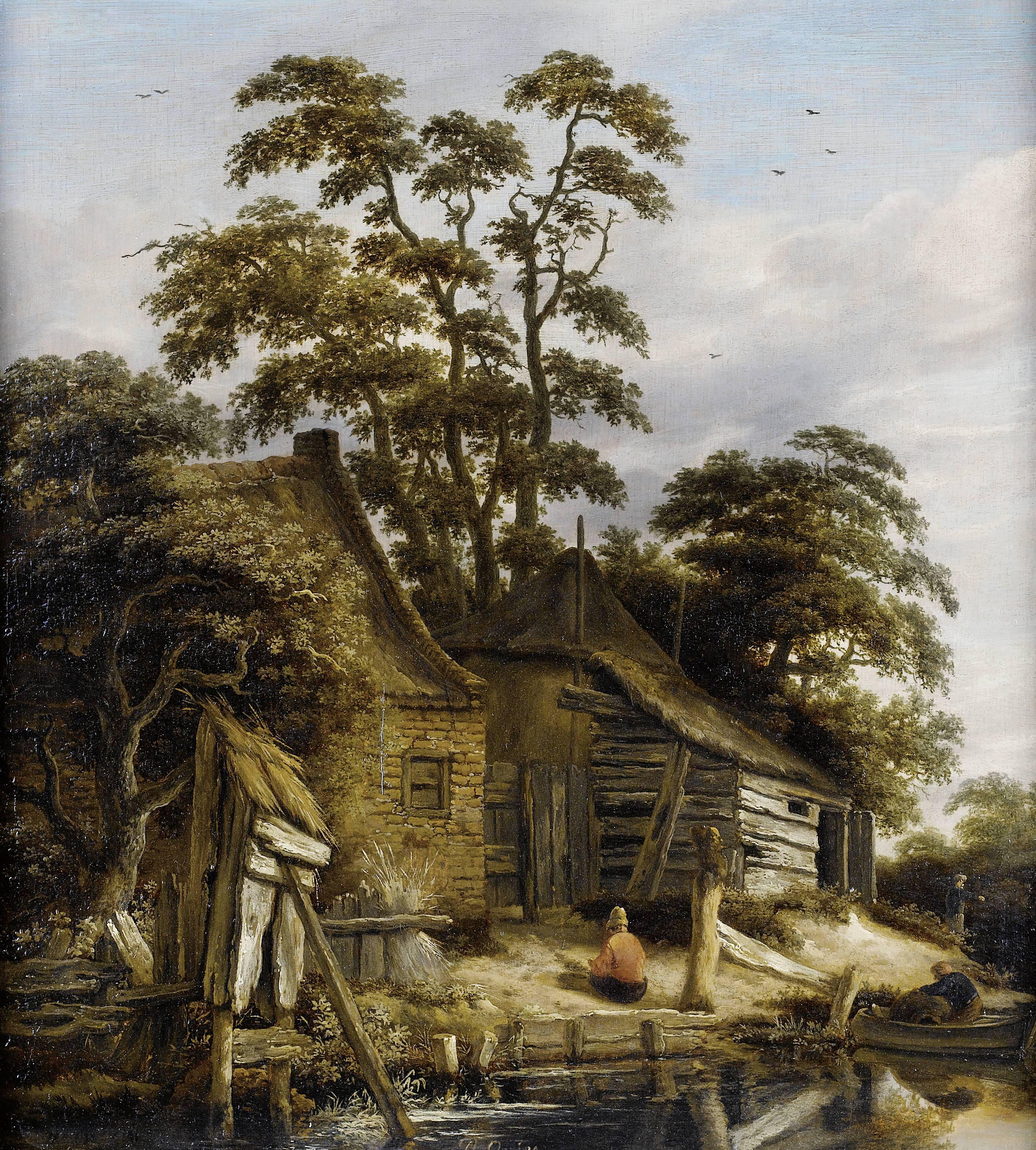pintura Cabaña En Un Río Con Figuras - Roelof Jansz Van Vries