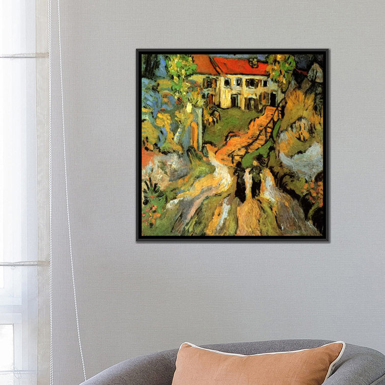 Landsbygade og trappe i Auvers med figurer