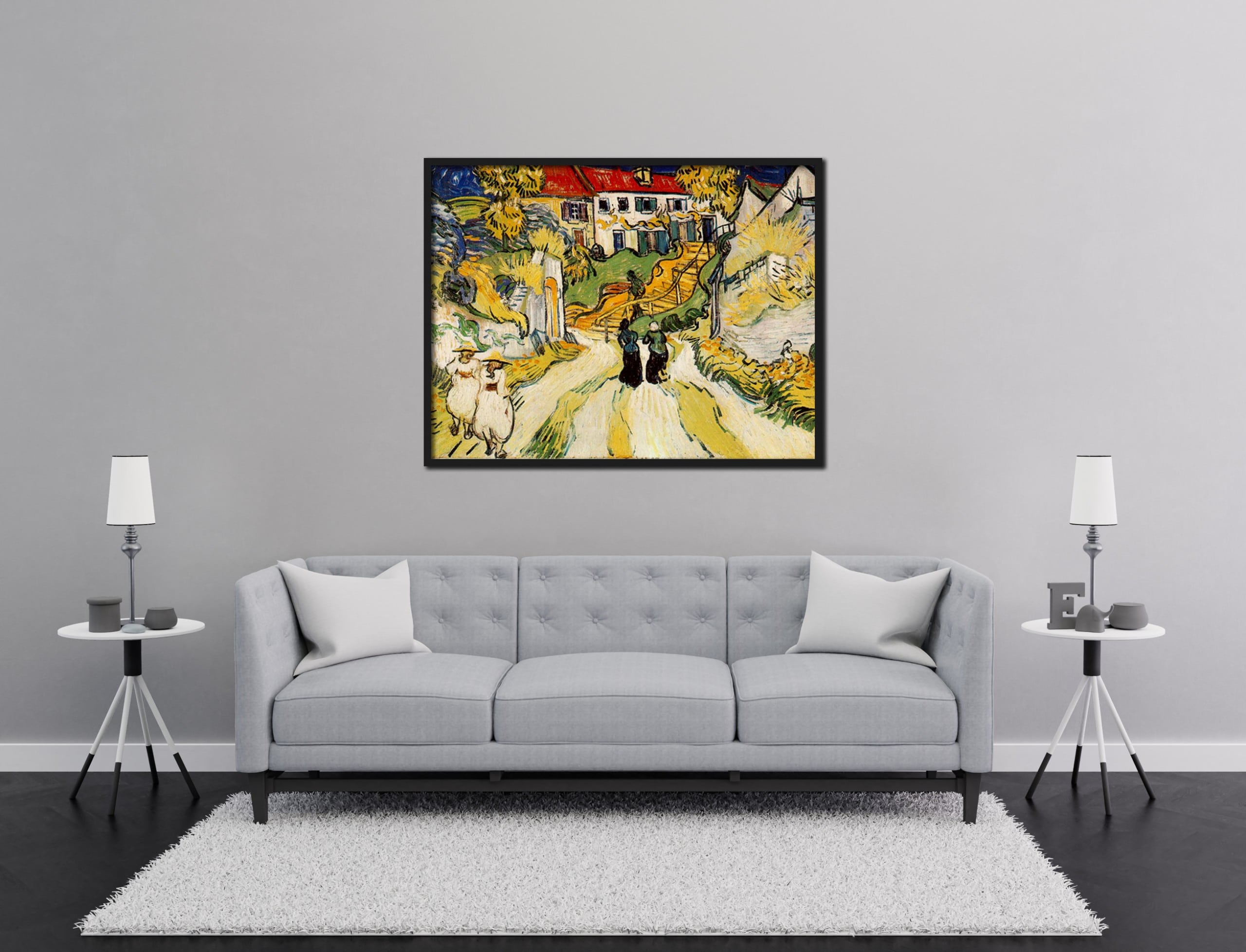 Landsbygade og trappe i Auvers med figurer