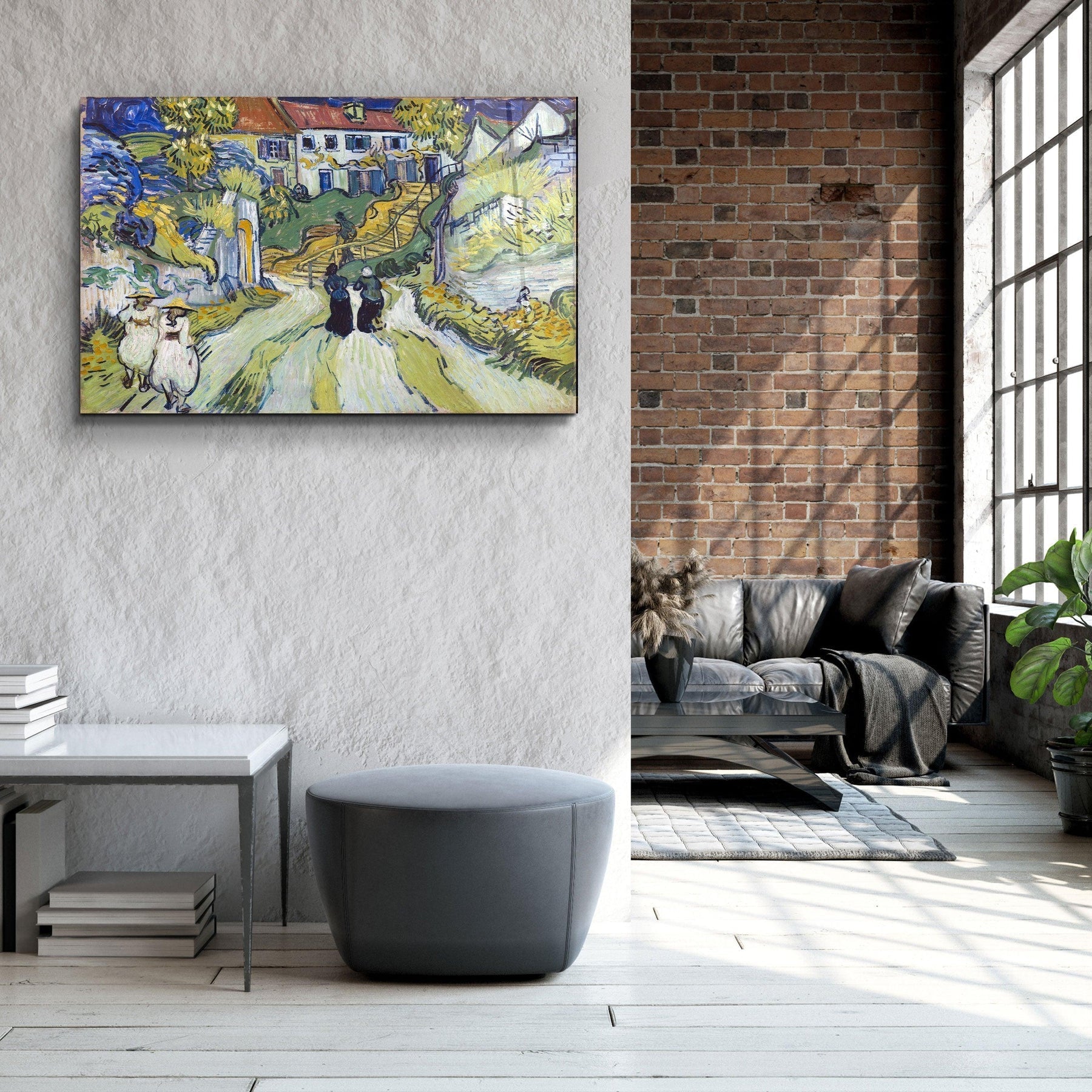 Landsbygade og trappe i Auvers med figurer