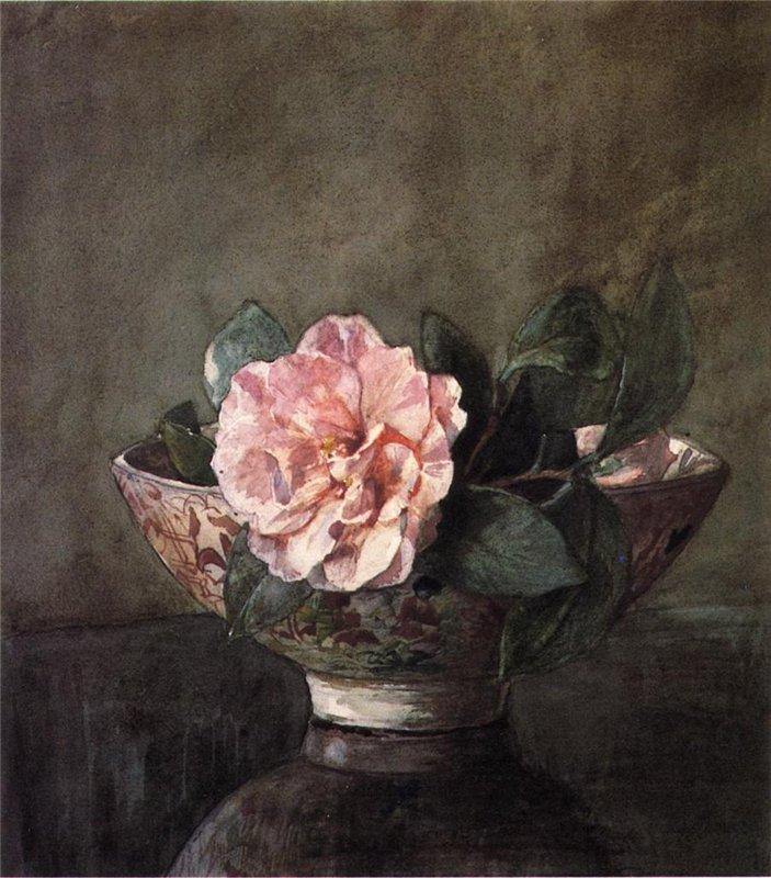 pintura Camelia En Florero Chino Antiguo Sobre Mesa De Laca Negra - John La Farge