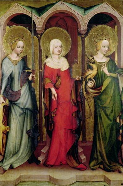 pintura Del Retablo De Třeboň; Santa Catalina, María Magdalena y Margarita - Maestro Del Retablo De Trebon