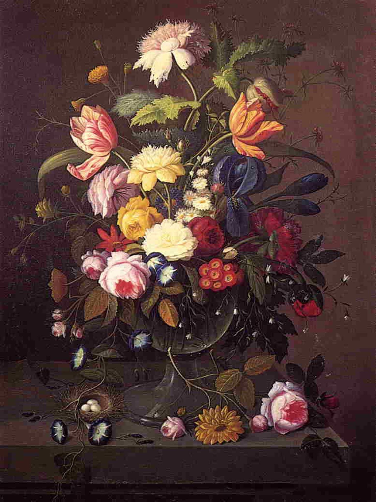 pintura Florero De Flores En Un Recipiente De Vidrio Con Patas Con Nido De Pájaro - Severin Roesen