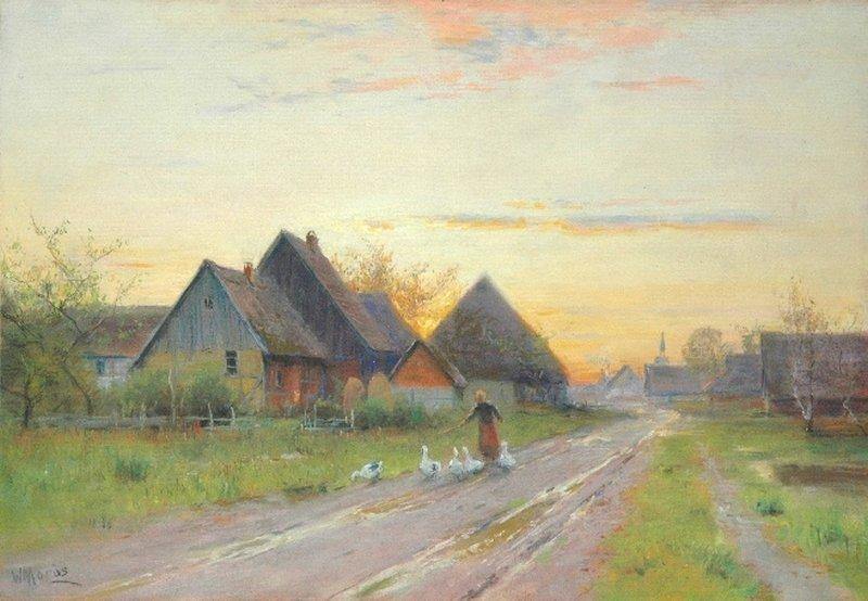 pintura La Chica De Los Gansos En Una Calle Del pueblo - Walter Moras