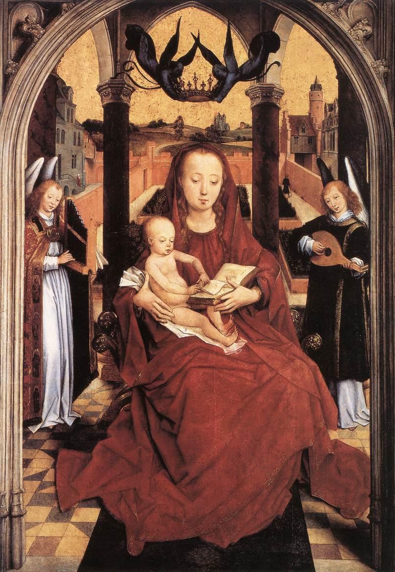 pintura La Virgen Y El Niño Entronizados Con Dos Ángeles Musicales - Hans Memling