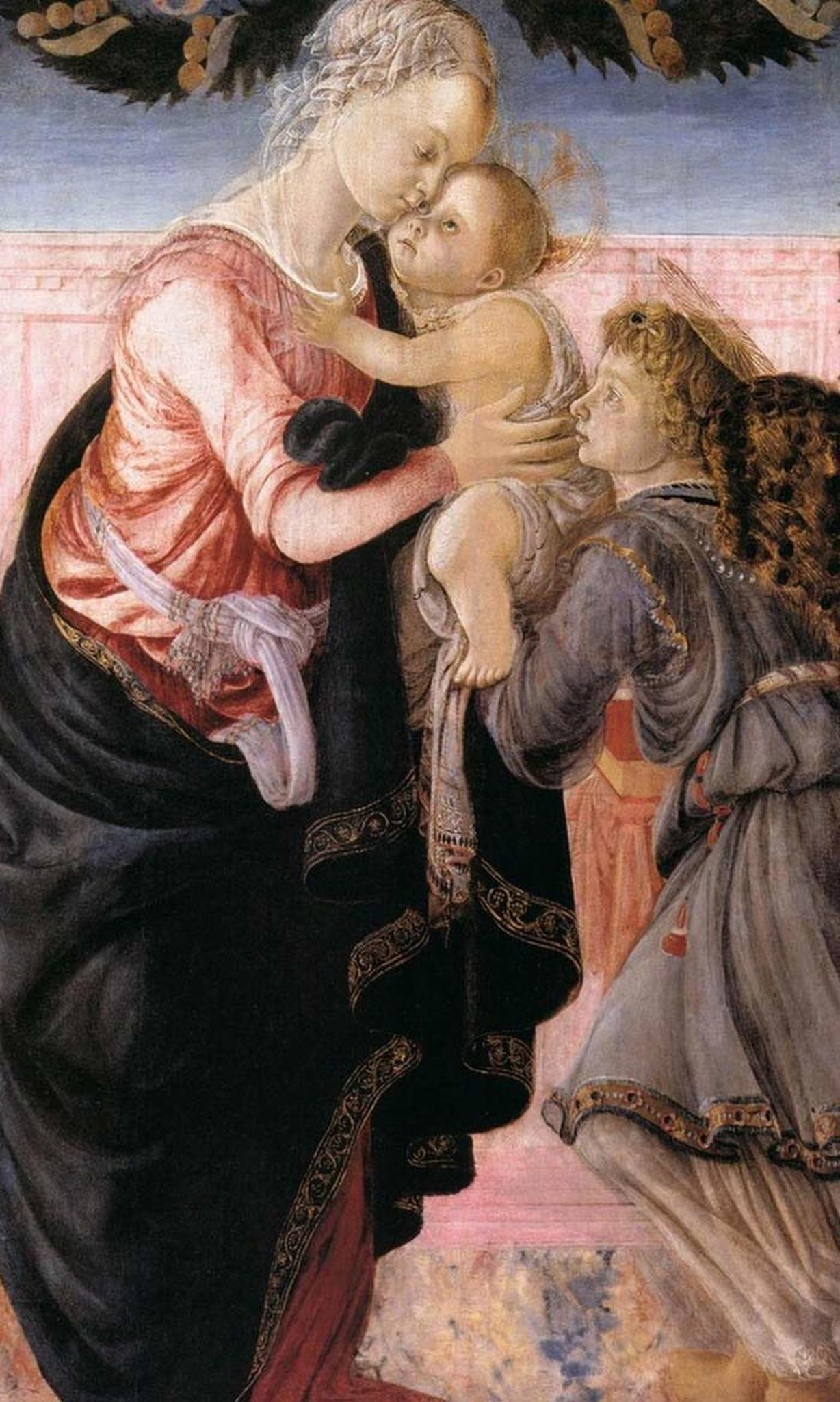 pintura La Virgen Y El Niño Sostenidos Por Un Ángel En Una Guirnalda - Sandro Botticelli