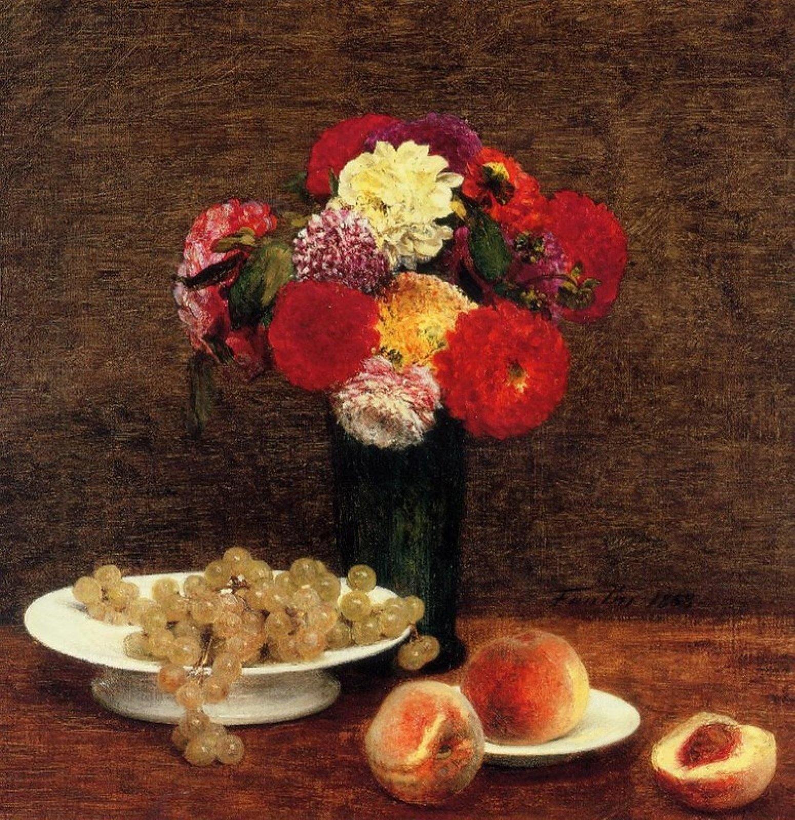 pintura Naturaleza Muerta, Dalias, Uvas Y Duraznos - Henri Fantin-Latour