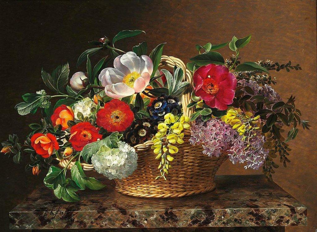 pintura Primulas, Lilas, Rosas De Perro, Laburnums Y Peonías En Una Cesta En Un Pedestal De Mármol - Johan Laurentz Jensen