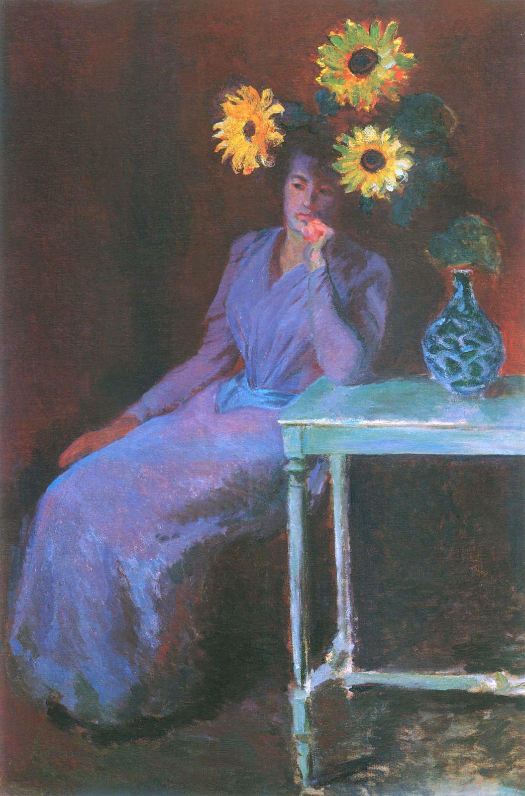 pintura Retrato De Suzanne Hoschede Con Girasoles - Claude Monet