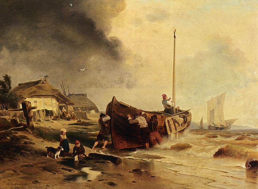pintura Un Barco Pesquero En La Playa - Achenbach Andreas